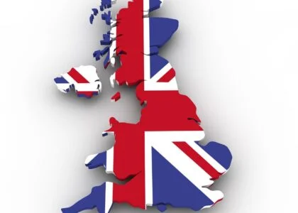 outline of the UK in union jack colours