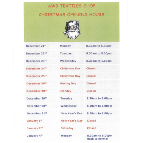 Christmas 2015 and New Year opening time at AWB Textiles