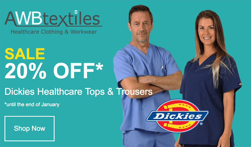 Get 20% off in our Dickies healthcare clothing sale on tops and trousers