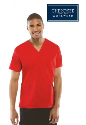 Cherokee scrub top shown in red