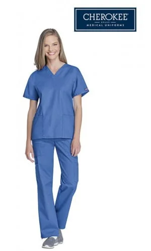 One of our most popular Cherokee scrubs, a v-neck tunic shown in light blue 