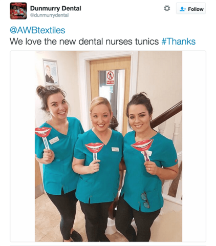 Image of a tweeted thanks for new dental uniforms