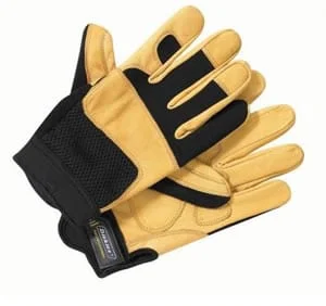pair of beige and black work gloves